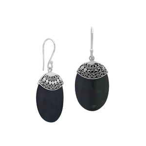 Wholesale sterling silver earrings featuring Black Shell ovals with an ornate patterned silver cap.