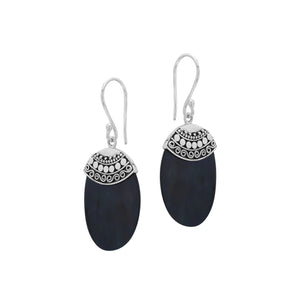 Wholesale sterling silver earrings featuring Black Shell ovals with an ornate patterned silver cap.