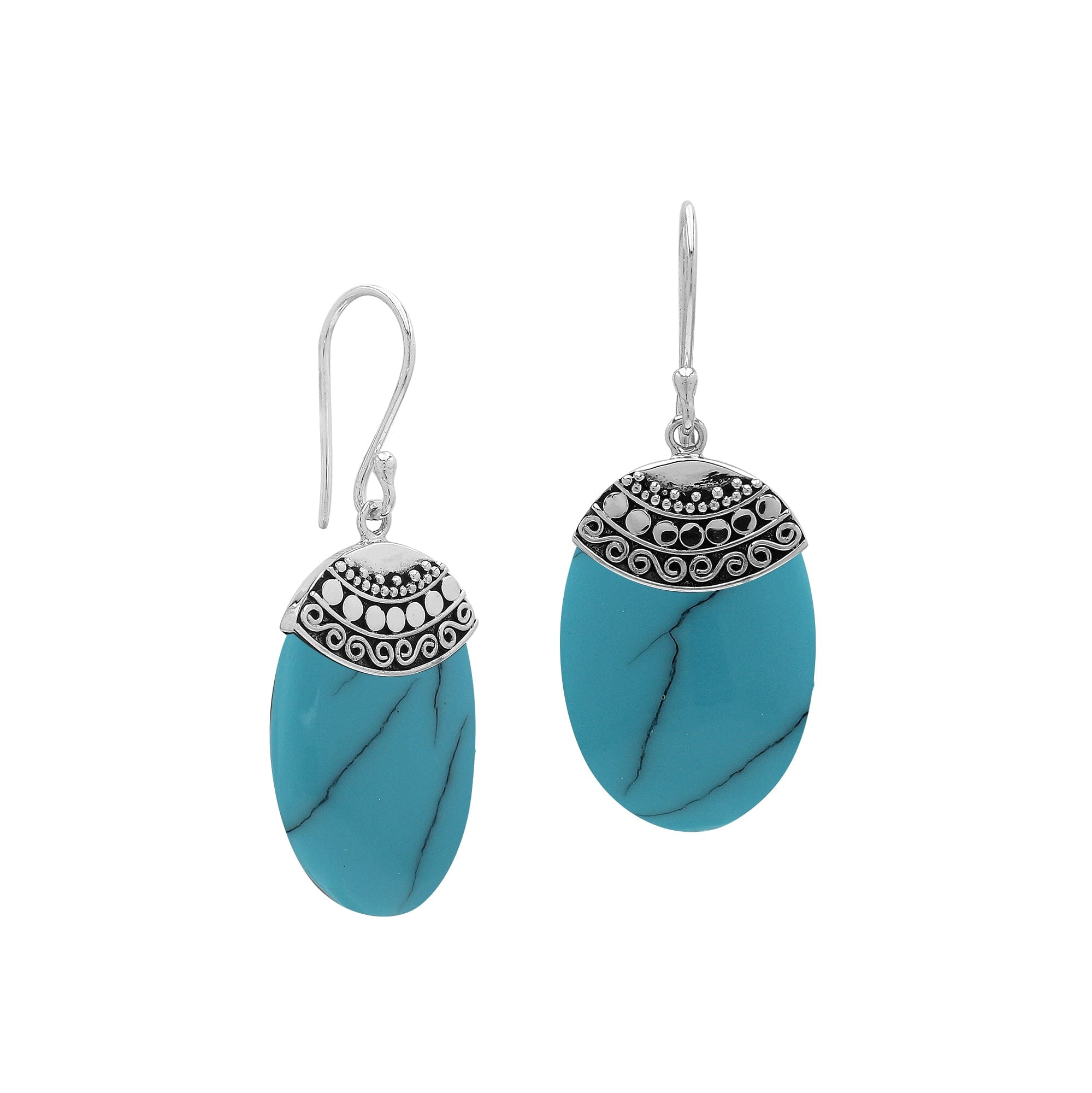 Wholesale sterling silver earrings with Turquoise Shell ovals and an ornate patterned silver cap.