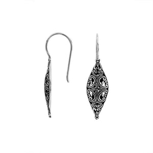 Wholesale Sterling Silver marquise earrings with oxidized filigree scroll patterns.