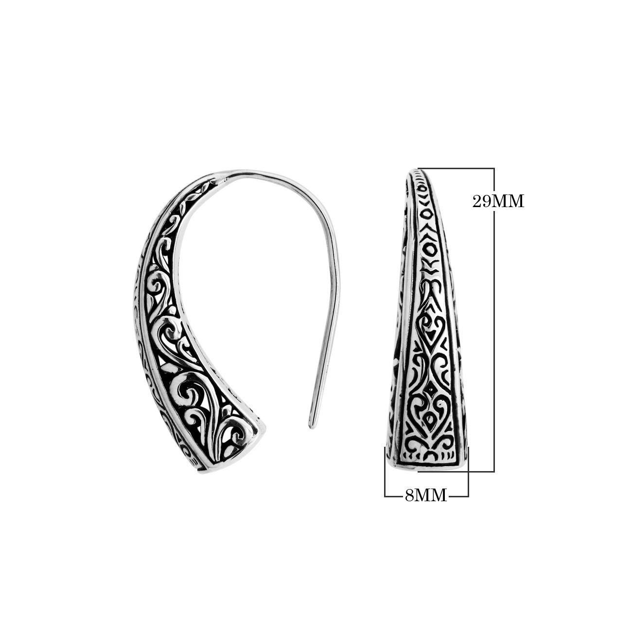 Wholesale Sterling Silver tapered curved earrings with oxidized scroll and geometric patterns.
