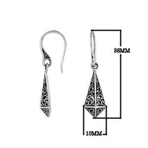 Wholesale sterling silver tapered geometric earrings with oxidized filigree scroll designs.