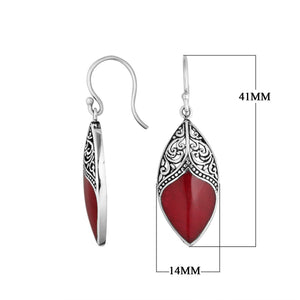 Wholesale sterling silver marquise earrings featuring Red Coral with ornate decorative silver accents.