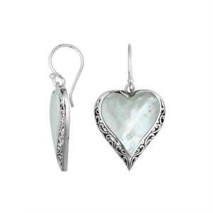 Wholesale Sterling Silver Mother Of Pearl Heart Earrings With Filigree Border