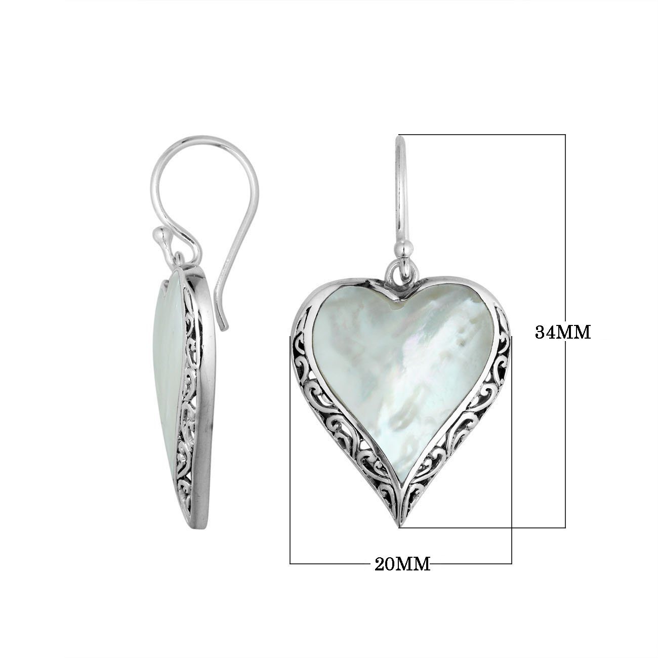 Wholesale Sterling Silver Mother Of Pearl Heart Earrings With Filigree Border