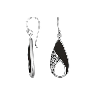 Wholesale Sterling Silver Black Shell pear earrings with openwork filigree detailing, earwire lock, and high-polish finish handcrafted in Bali.