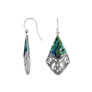 Wholesale Sterling Silver Abalone Shell diamond earrings with scroll filigree detailing, earwire lock, and high-polish finish handcrafted in Bali.