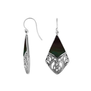Wholesale Sterling Silver Black Shell diamond earrings with open filigree pattern, earwire lock, and high-polish finish handcrafted in Bali.