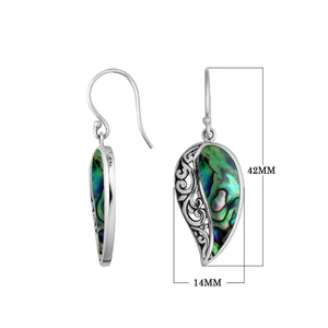 Wholesale Sterling Silver Abalone Shell leaf earrings with cutout filigree design, earwire lock, and polished finish handcrafted in Bali.