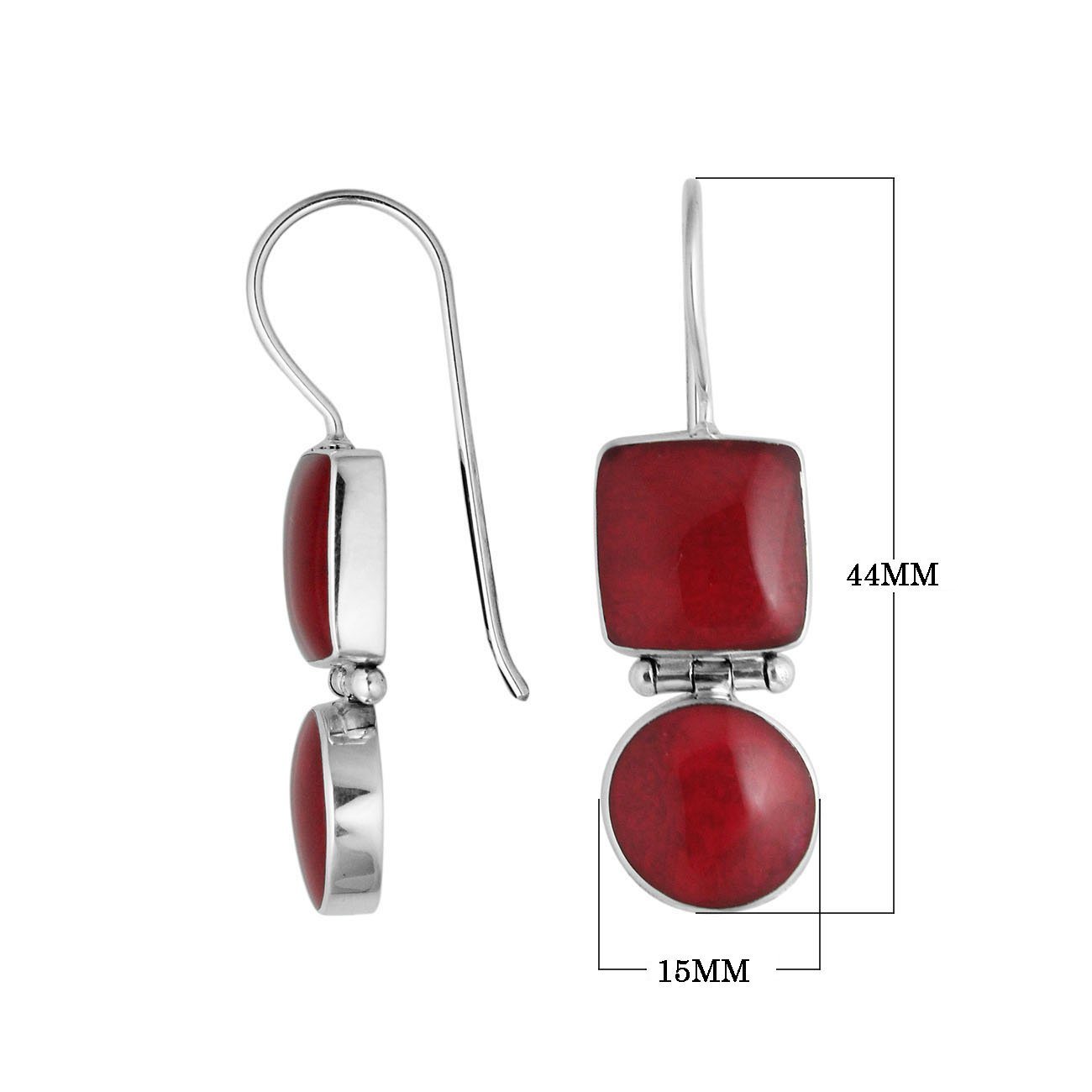 Wholesale Sterling Silver Red Coral hinged dual-shape earrings with earwire lock and polished finish handcrafted in Bali.