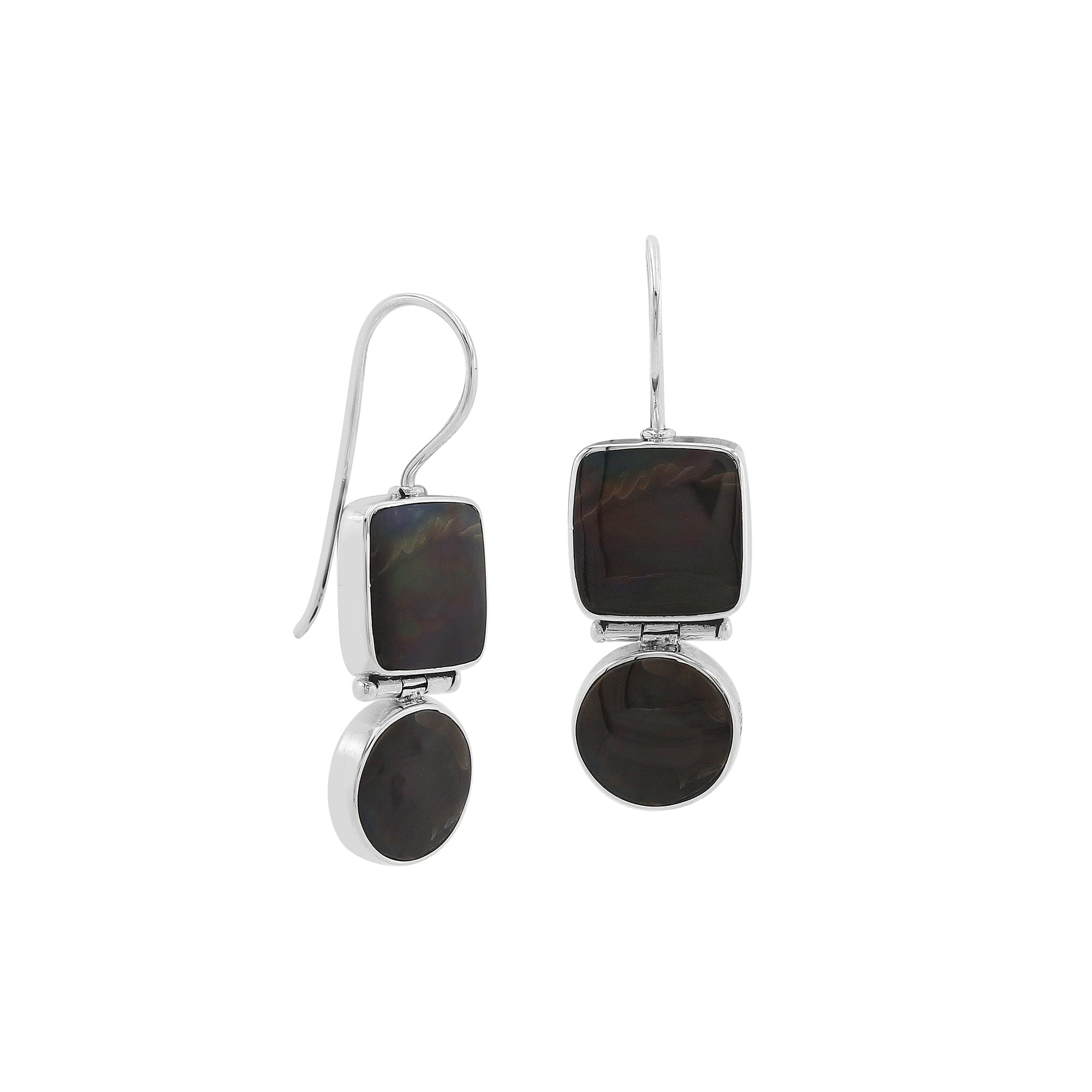 Wholesale Sterling Silver Black Shell hinged earrings with dual-shape design and earwire lock handcrafted in Bali.