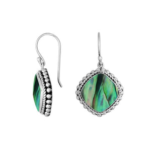Wholesale Sterling Silver Abalone Shell cushion earrings with beaded border design and earwire lock handcrafted in Bali.