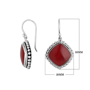 Wholesale Sterling Silver Red Coral cushion earrings with beaded frame design and earwire lock handcrafted in Bali.
