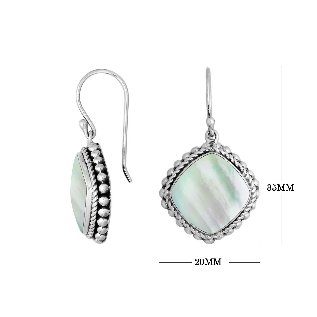 Wholesale Sterling Silver Mother Of Pearl cushion earrings with beaded frame and earwire lock handcrafted in Bali.