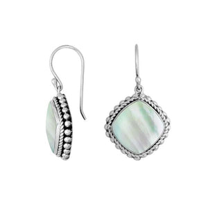 Wholesale Sterling Silver Mother Of Pearl cushion earrings with beaded frame and earwire lock handcrafted in Bali.