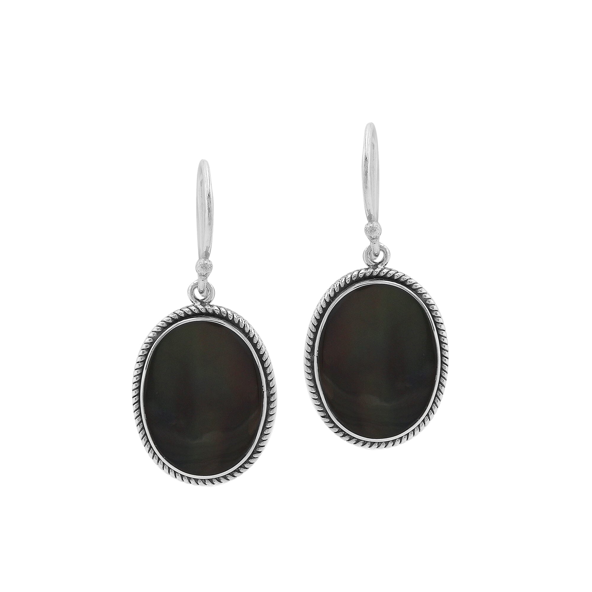 Wholesale Sterling Silver Oval Earrings With Black Shell And Rope Border
