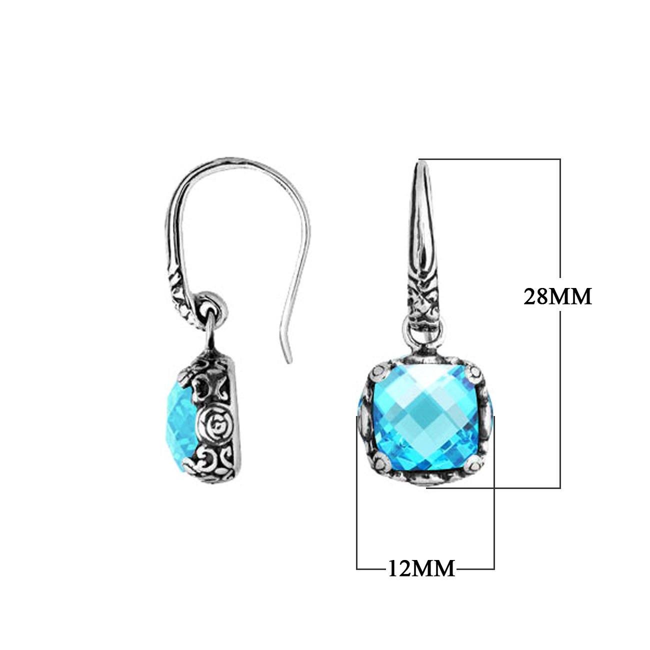 Wholesale sterling silver cushion Blue Topaz Quartz hook earrings with ornate silver detailing