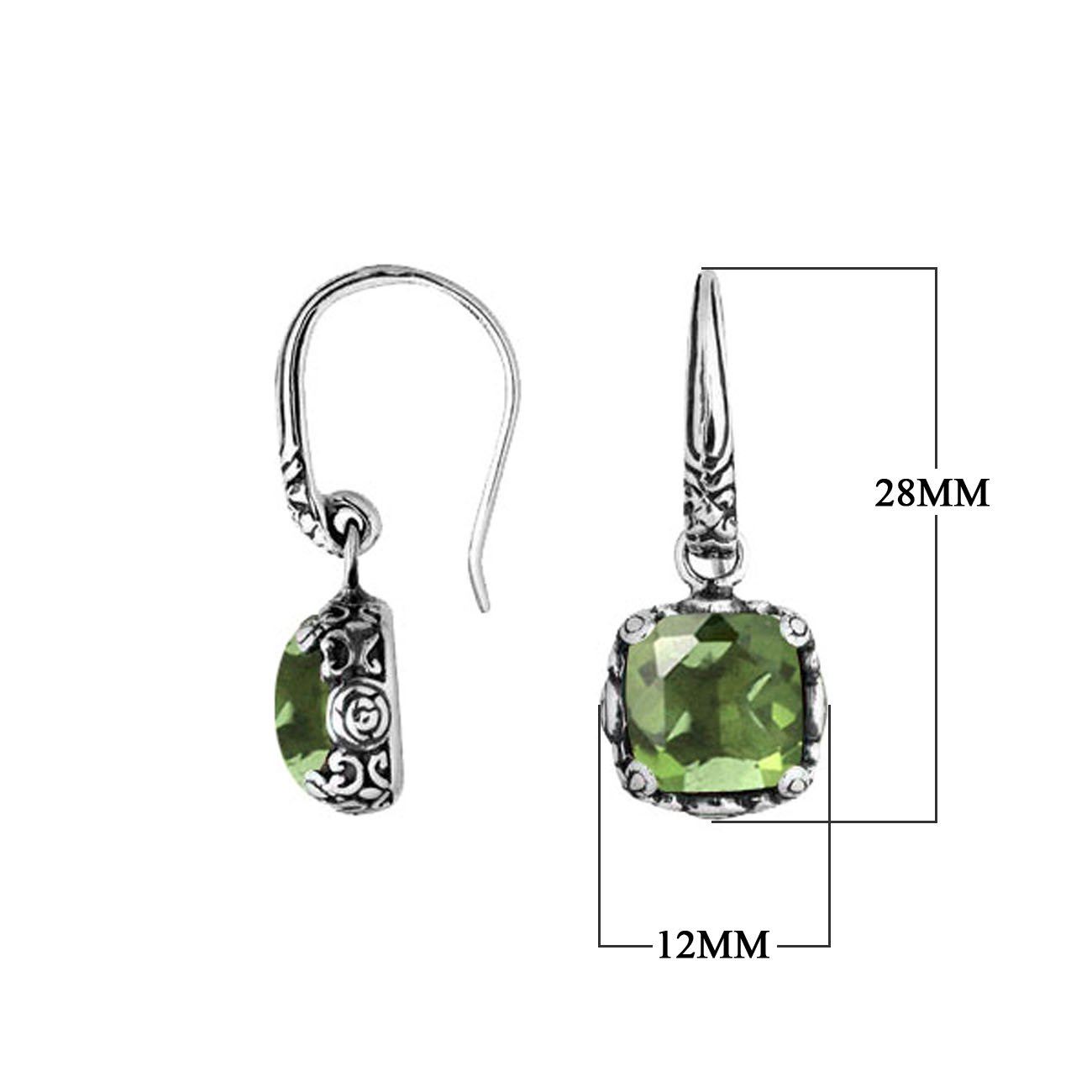 Wholesale sterling silver cushion Green Amethyst Quartz hook earrings with ornate silver detailing