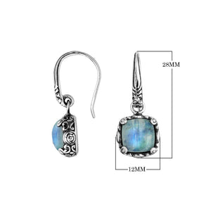 Wholesale sterling silver cushion Rainbow Moonstone hook earrings with ornate silver detailing