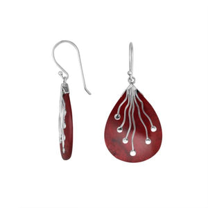 Wholesale sterling silver teardrop Red Coral earrings with silver vine detailing