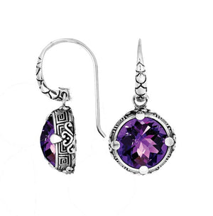 Wholesale sterling silver round Amethyst Quartz earrings with detailed Balinese pattern