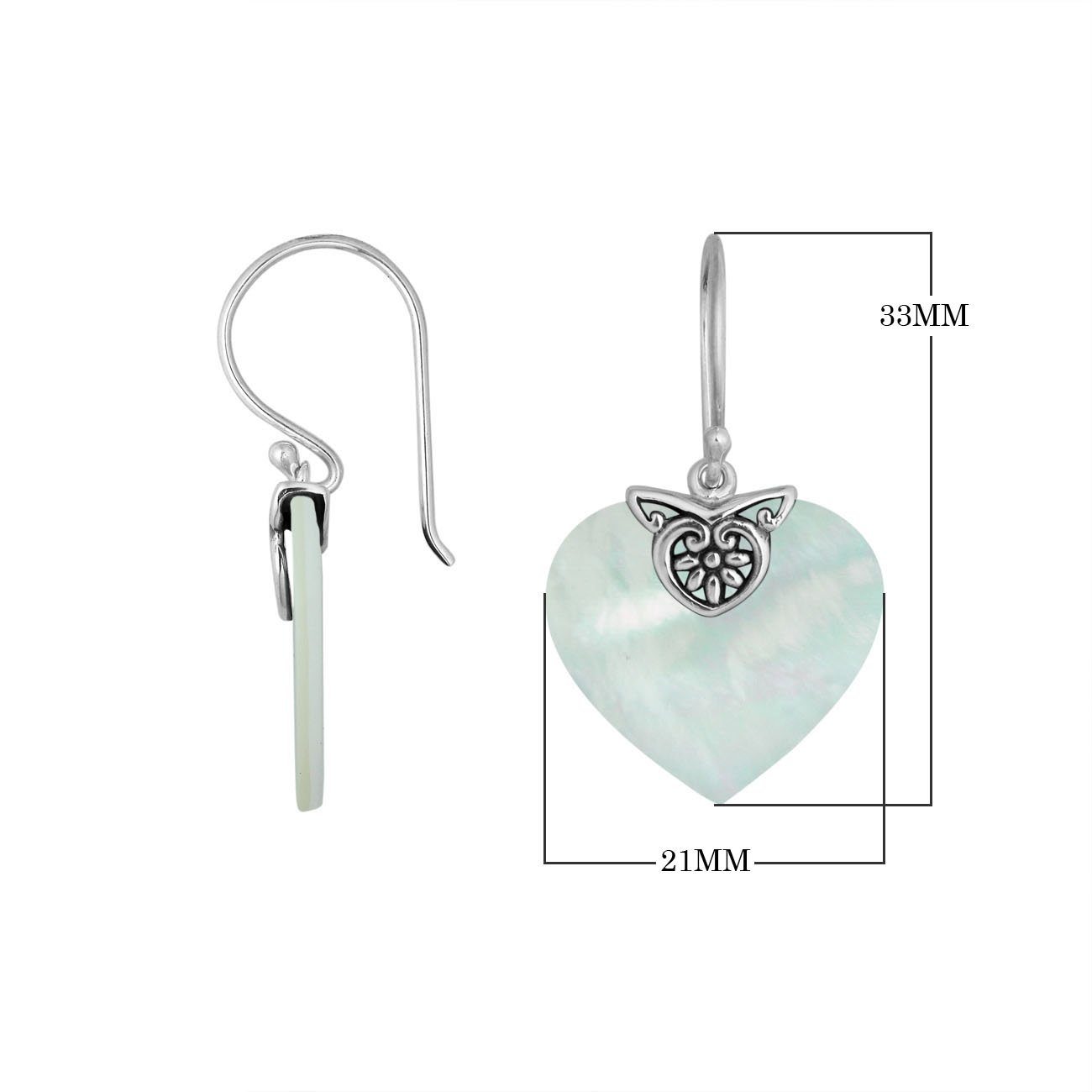 Wholesale sterling silver heart-shaped Mother Of Pearl earrings with handcrafted silver detailing