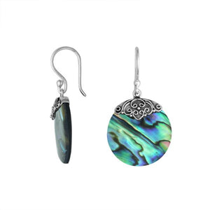 Wholesale silver round earrings featuring iridescent Abalone Shell with polished scrollwork detailing.
