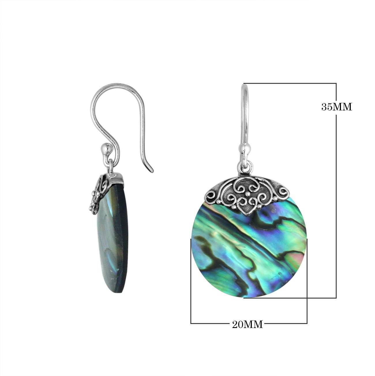 Wholesale silver round earrings featuring iridescent Abalone Shell with polished scrollwork detailing.