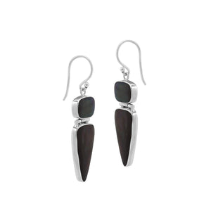 Sterling silver long drop earrings with polished Black Shell dual-shape elements for wholesale buyers