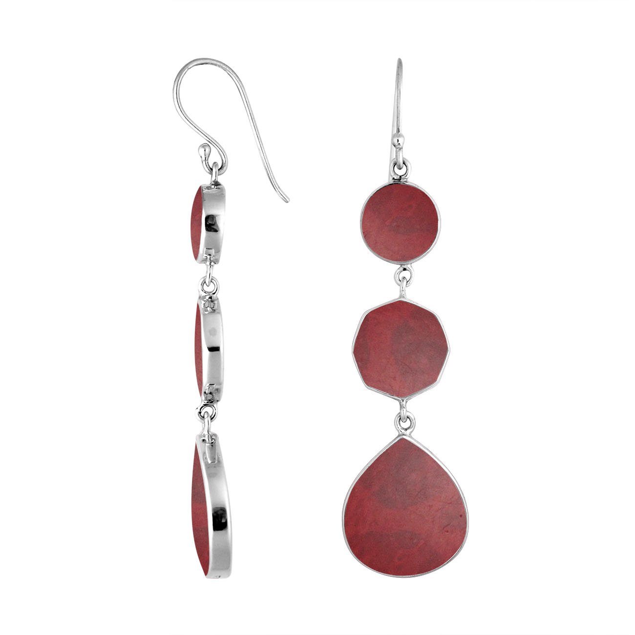 Sterling Silver Red Coral multi shape earrings with Earwire and mirror-polished finish for wholesale jewelry collections.