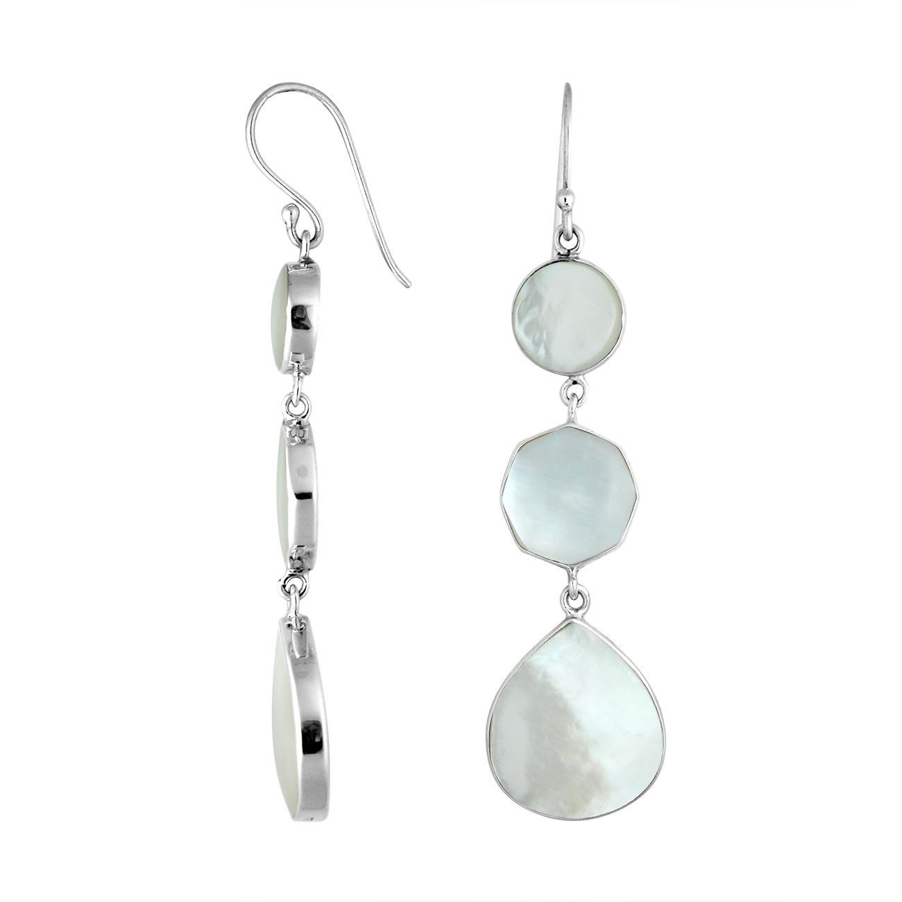 Sterling Silver Mother Of Pearl multi shape earrings with Earwire and mirror finish for wholesale jewelry collections.