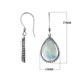 Sterling Silver Mother Of Pearl pear earrings with Earwire and rope border for wholesale jewelry collections.