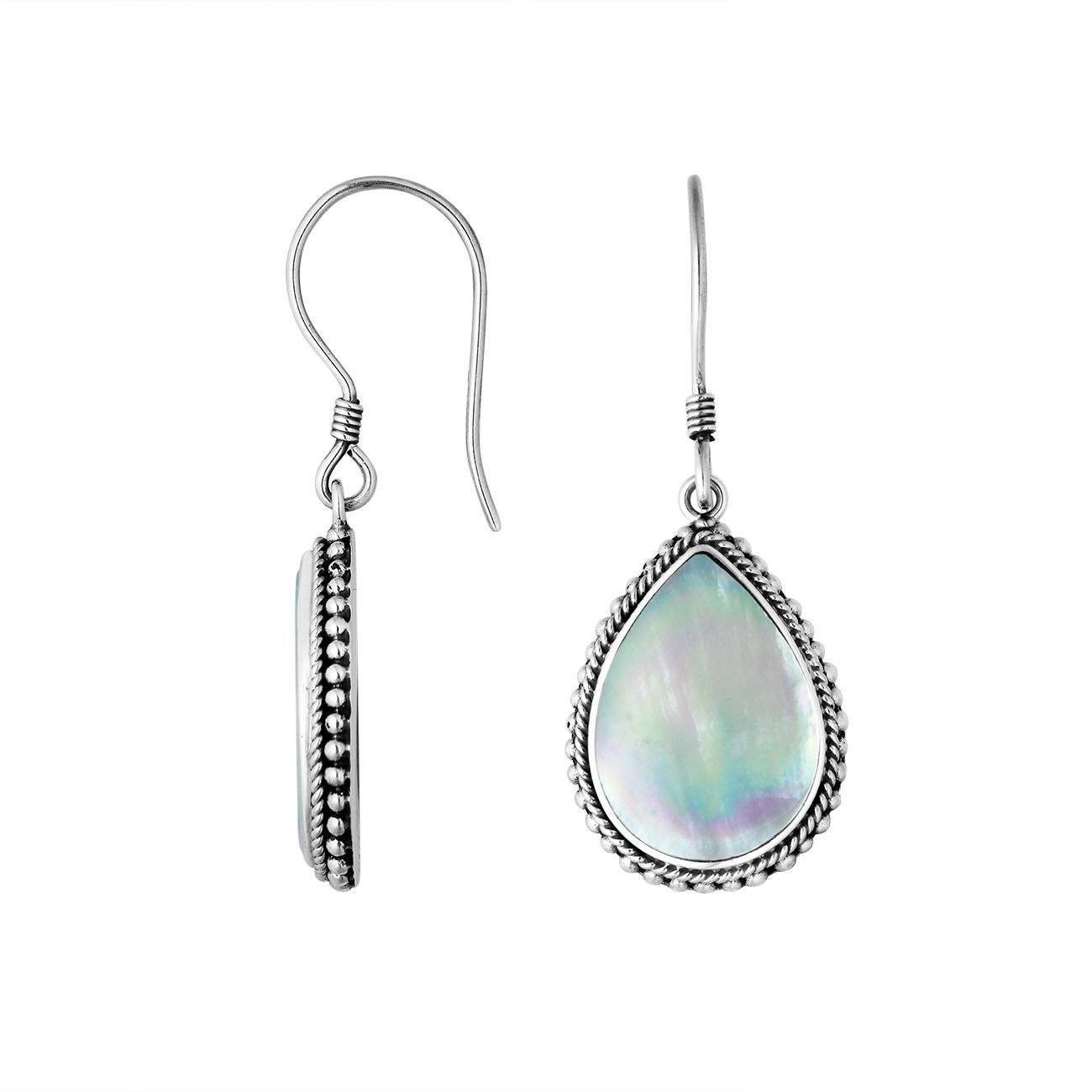 Sterling Silver Mother Of Pearl pear earrings with Earwire and rope border for wholesale jewelry collections.