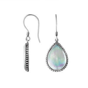 Sterling Silver Mother Of Pearl pear earrings with Earwire and rope border for wholesale jewelry collections.