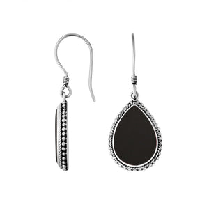 Sterling Silver Black Shell pear drop earrings with Earwire and rope-style border for wholesale jewelry collections.