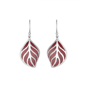Sterling Silver Red Coral leaf drop earrings with Earwire and polished finish for wholesale jewelry collections.