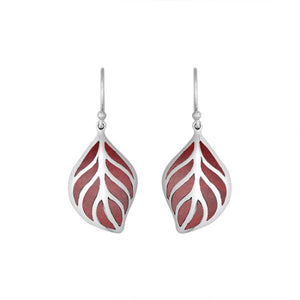 Sterling Silver Red Coral leaf drop earrings with Earwire and polished finish for wholesale jewelry collections.