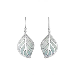 Sterling Silver Mother Of Pearl leaf earrings with Earwire and open silver design for wholesale jewelry collections.