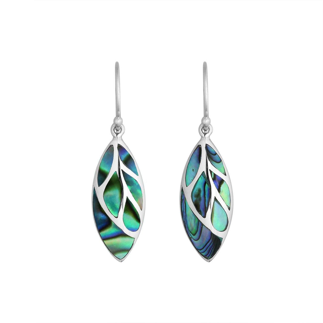 Sterling Silver Abalone Shell leaf dangle earrings with Earwire and polished finish for wholesale jewelry collections.