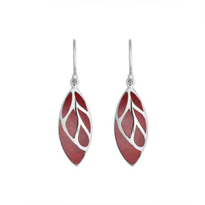 Sterling Silver Red Coral long leaf dangle earrings with Earwire and polished open silver design for wholesale jewelry collections.