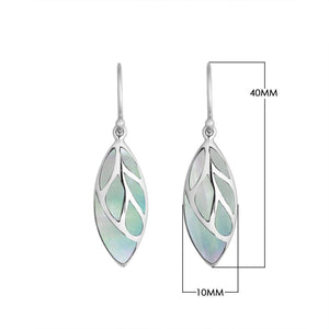 Sterling Silver Mother Of Pearl leaf drop earrings with Earwire and polished open silver design for wholesale jewelry collections.