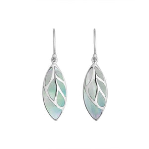 Sterling Silver Mother Of Pearl leaf drop earrings with Earwire and polished open silver design for wholesale jewelry collections.