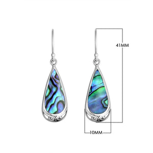 Wholesale sterling silver earrings with vibrant Abalone Shell teardrops and delicate silver scroll accents.
