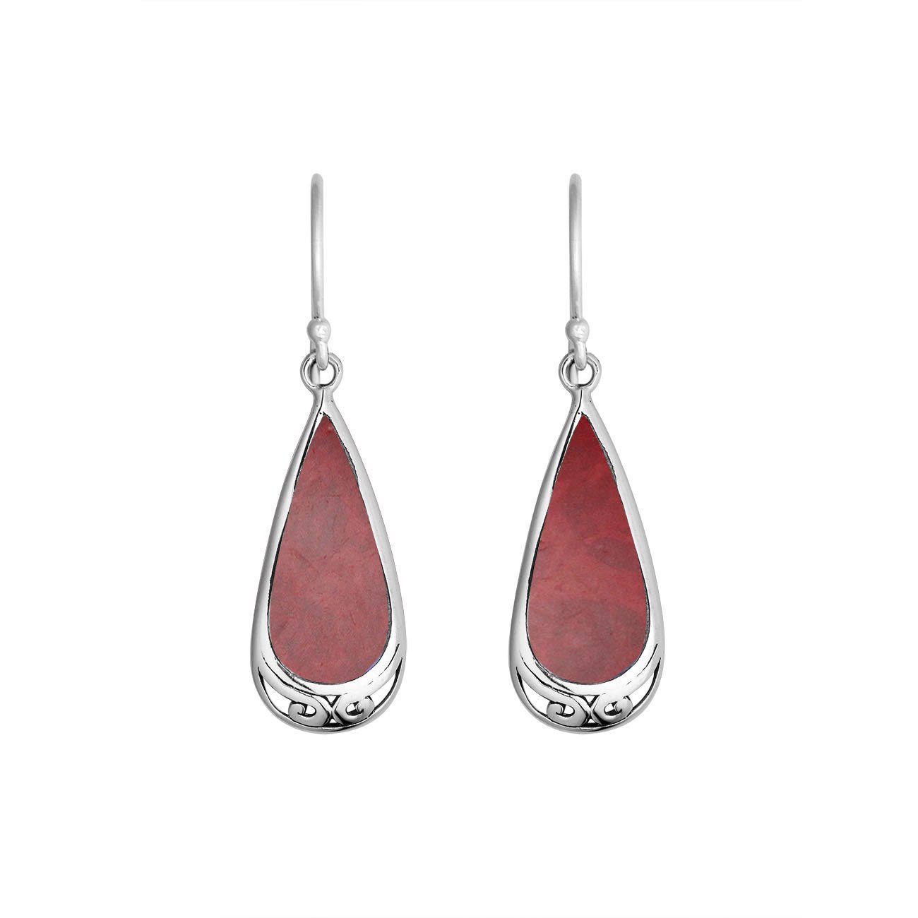 Wholesale Sterling Silver Red Coral Teardrop Earrings With Polished Silver Frame