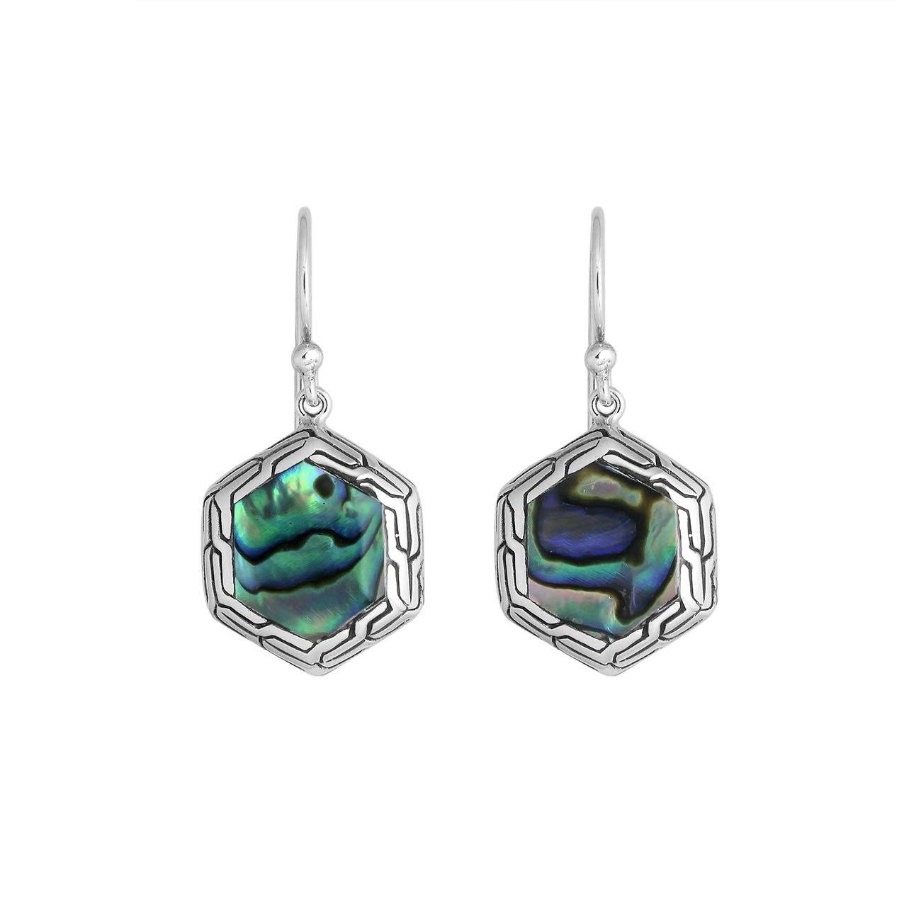Sterling Silver Abalone Shell hexagon frame earrings with polished finish and Earwire lock for wholesale collections.