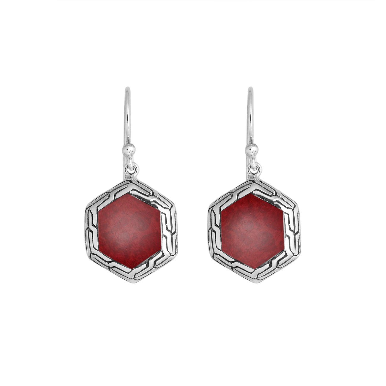 Sterling Silver Red Coral hexagon frame earrings with Earwire and polished finish for wholesale jewelry collections.