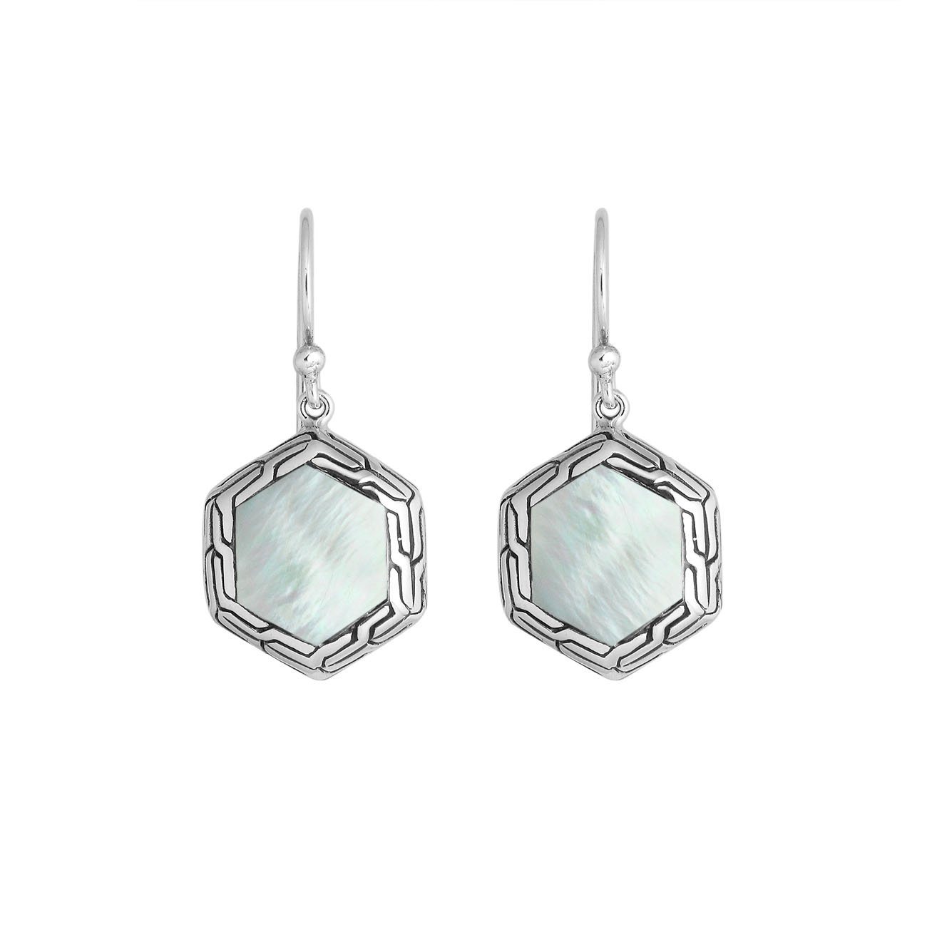 Sterling Silver Mother of Pearl hexagon frame earrings with Earwire and polished silver finish for wholesale jewelry collections.