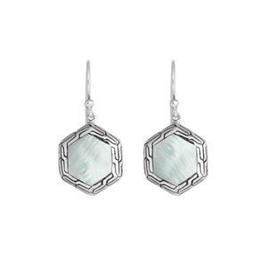 Sterling Silver Mother of Pearl hexagon frame earrings with Earwire and polished silver finish for wholesale jewelry collections.