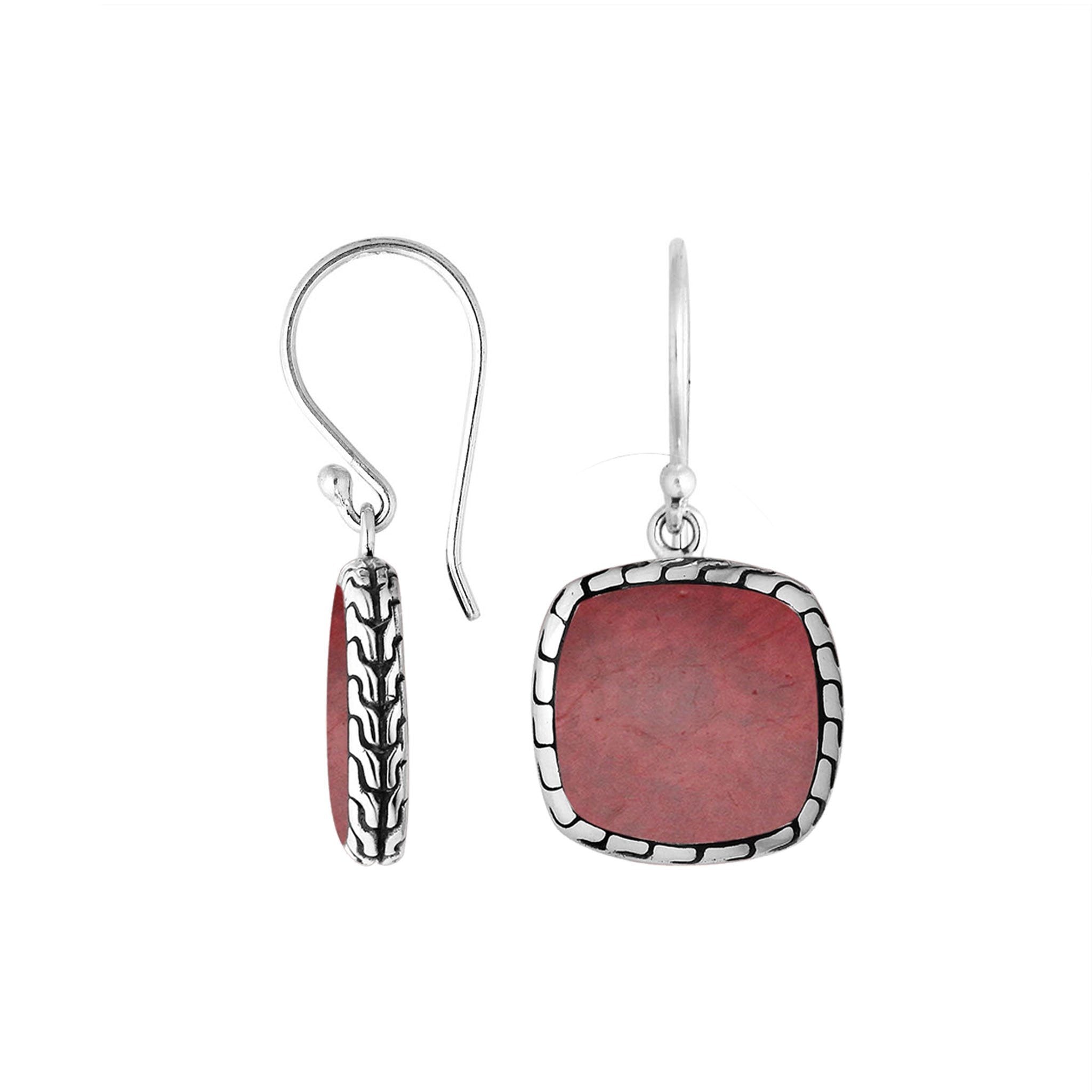 Silver cushion earrings with Red Coral and textured border