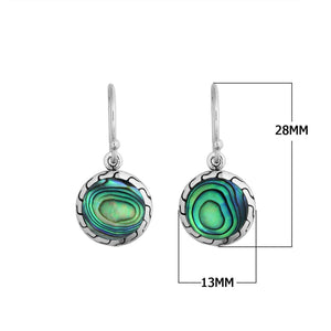 Sterling Silver round Abalone Shell earrings with textured silver frame and Earwire for wholesale jewelry.